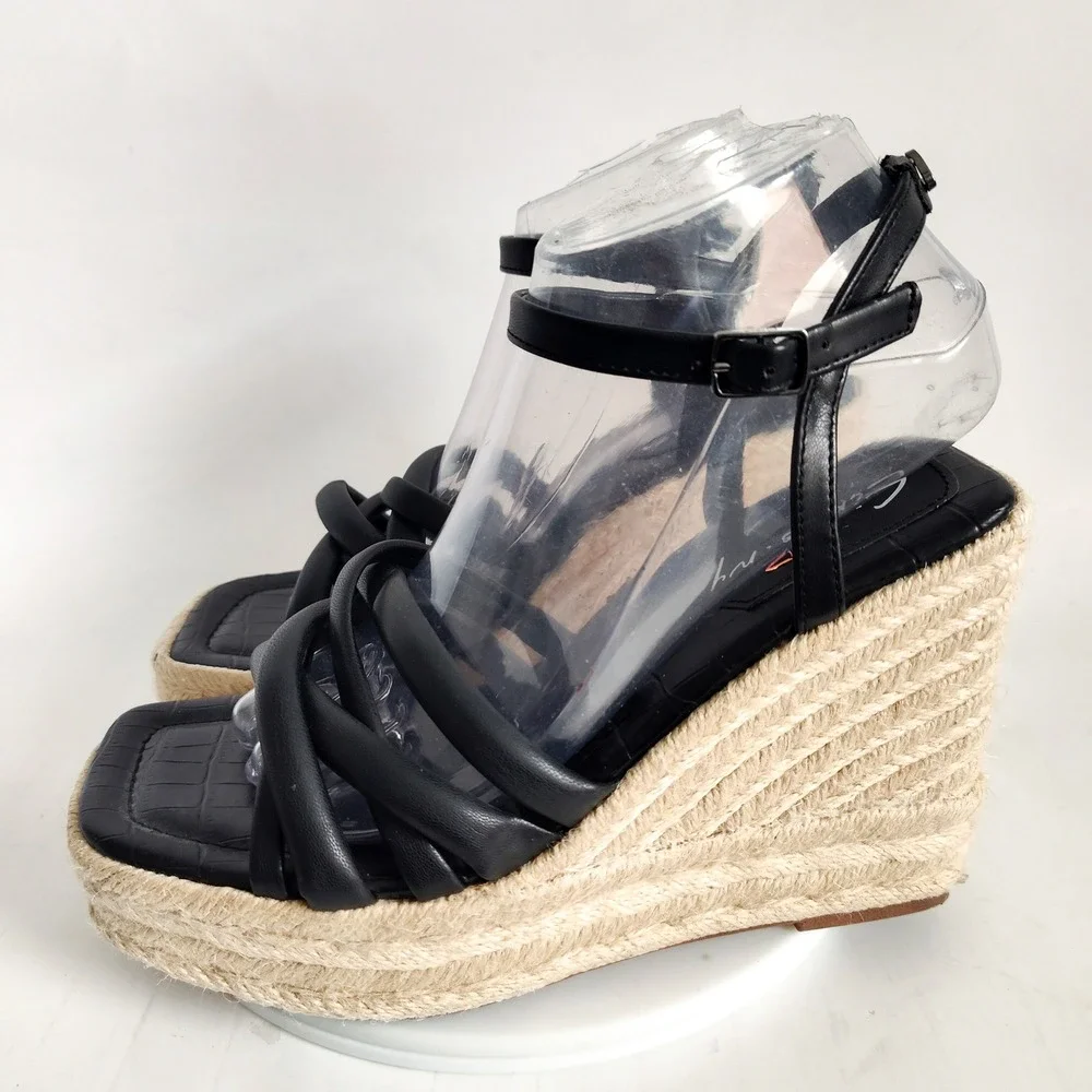 Sam Edelman Sandals Size 7.5‎ Wedge Espadrille Black Strappy Platform Square Toe